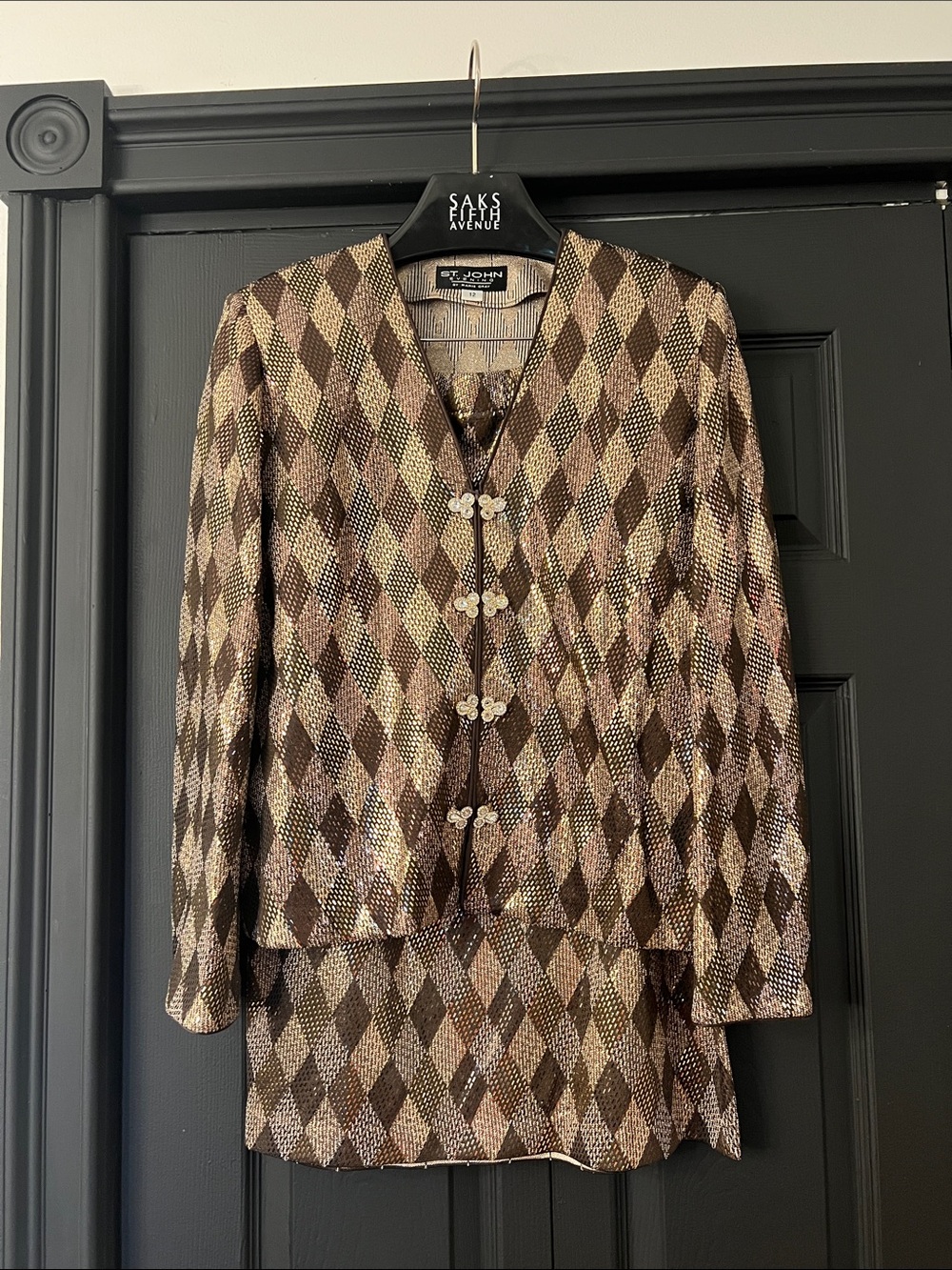 Vintage St. John Brown and Cream Diamond Knit Jacket and Skirt Set
